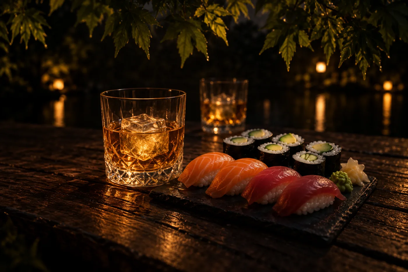 A glass of whisky and a board of sushi on a dark table beneath overhanging branches