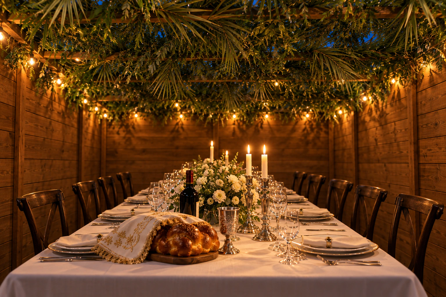 A table set for dinner in the sukkah
