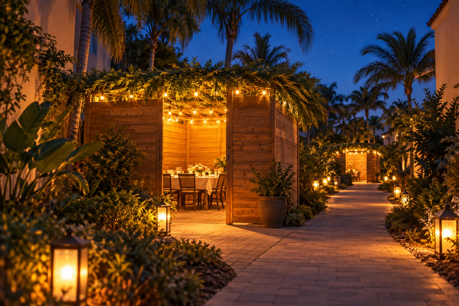 A lit sukkah on the path, with another glowing further along
