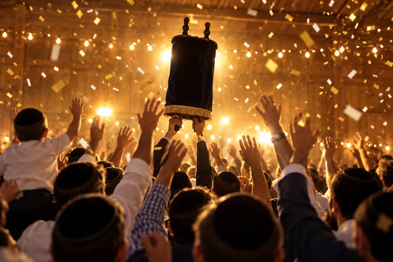 Lifting the Torah amid confetti and lights on Simchat Torah