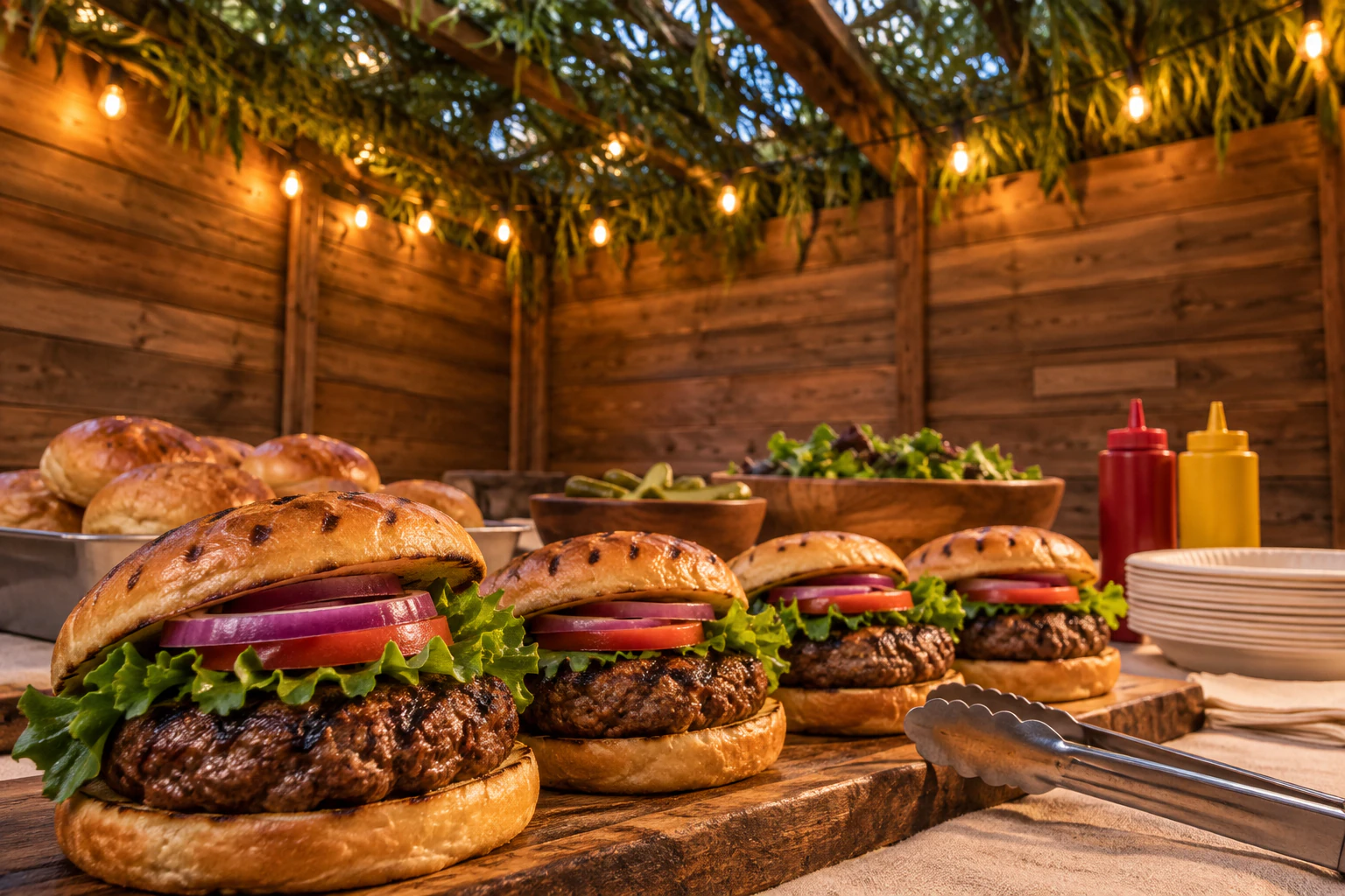 Grilled burgers laid out on a board in the sukkah