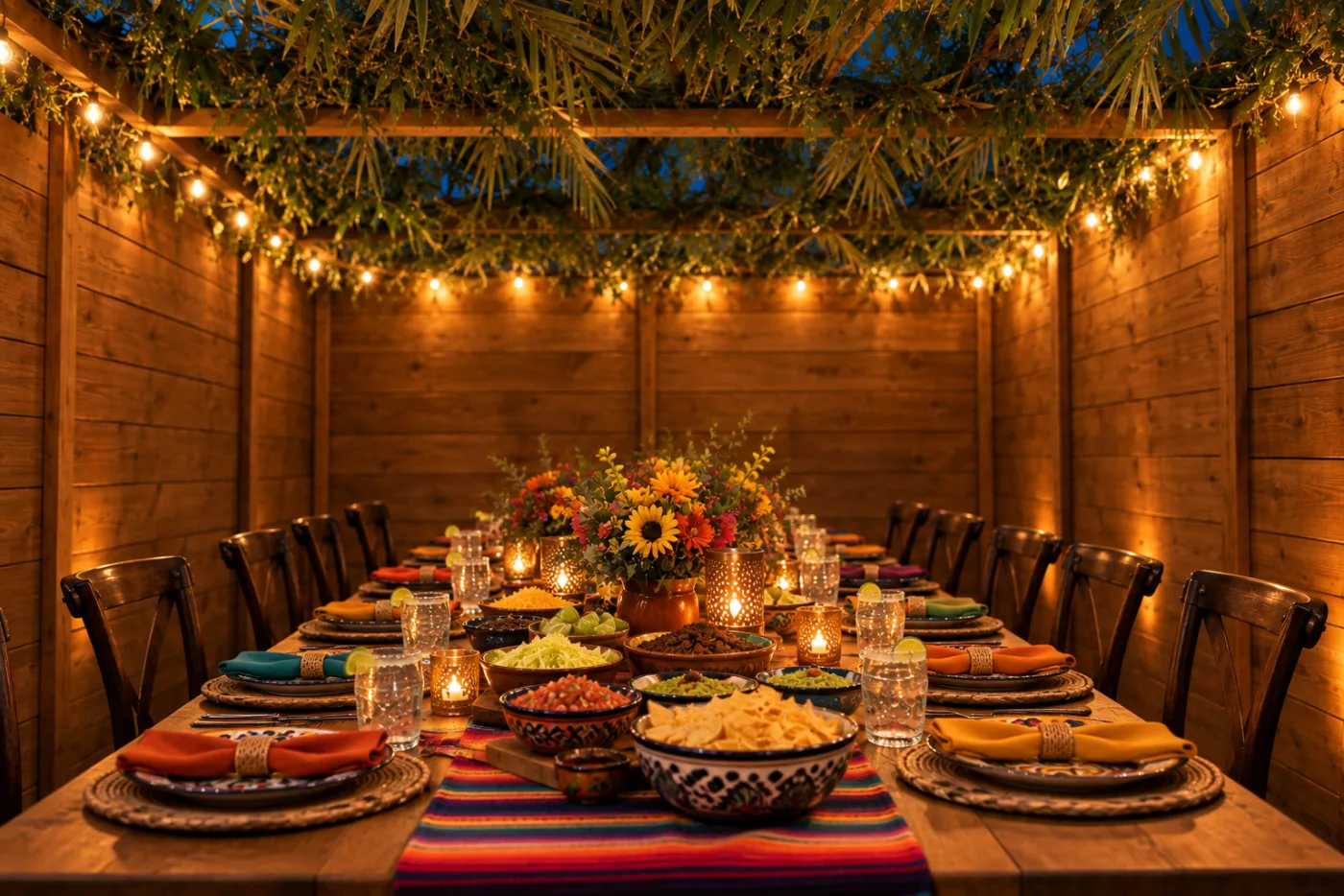 A taco spread laid out down the length of the sukkah table