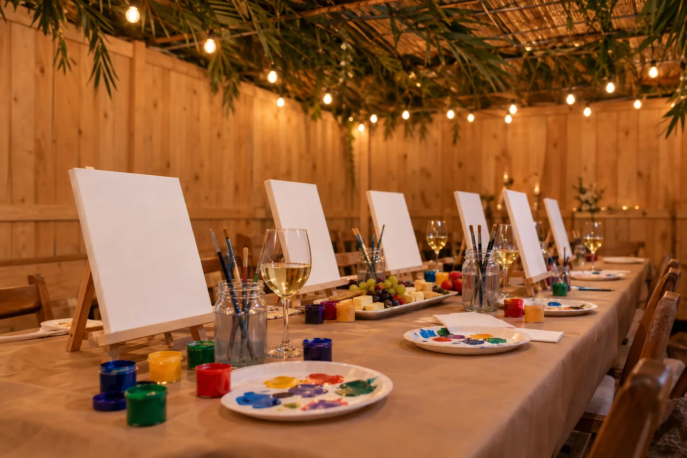 Canvases, brushes and paint set out along the sukkah table