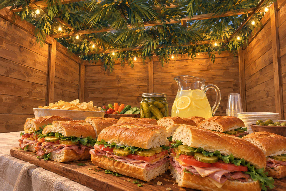 Subs and sides laid out in the sukkah
